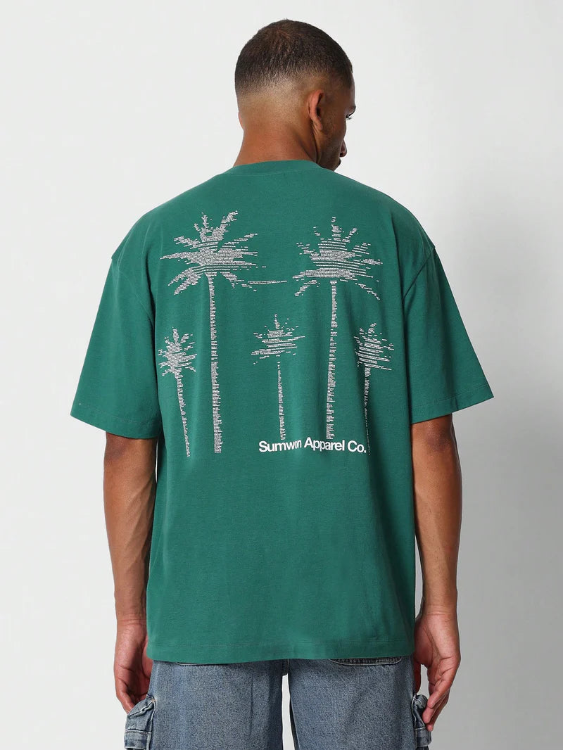 Oversized Tee With Back Palm Tree Graphic Print