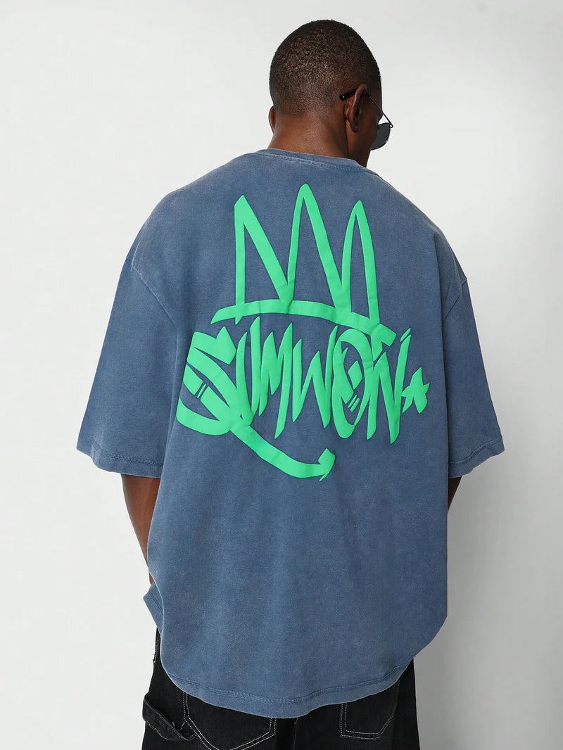 Oversized Washed Tee And Graffiti Graphic Print