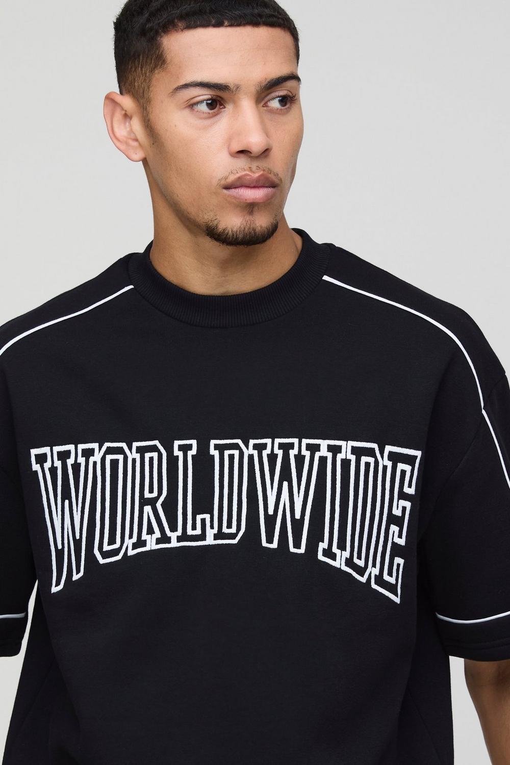 Oversized Boxy Embroidered Varsity Half Sleeve Sweatshirt