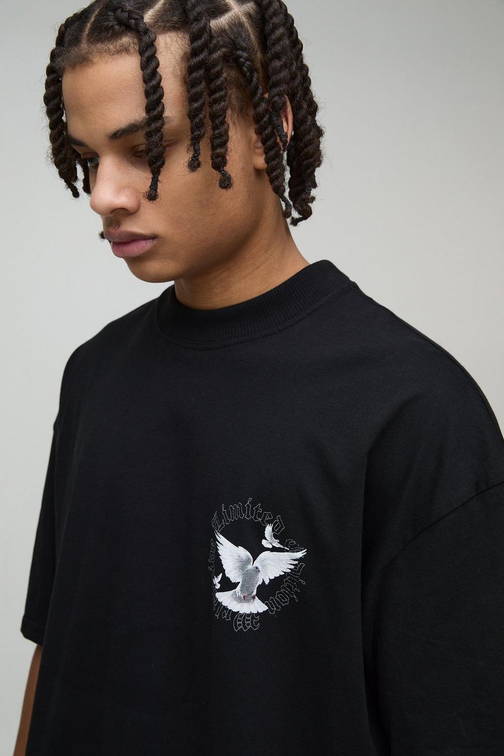 Oversized Extended Neck Dove Graphic T-Shirt