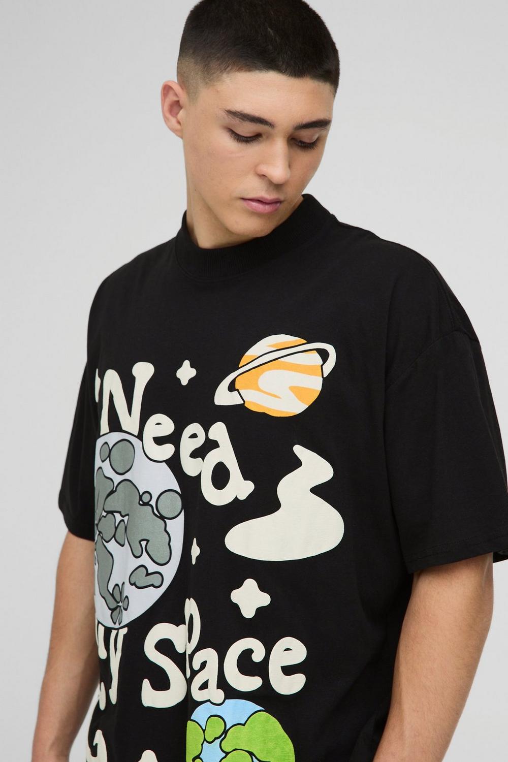 Oversized Extended Neck Puff Print Space Graphic T-shirt