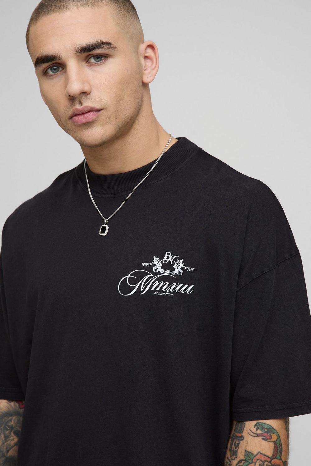 Black Oversized Extended Neck Washed BM Crest T-Shirt