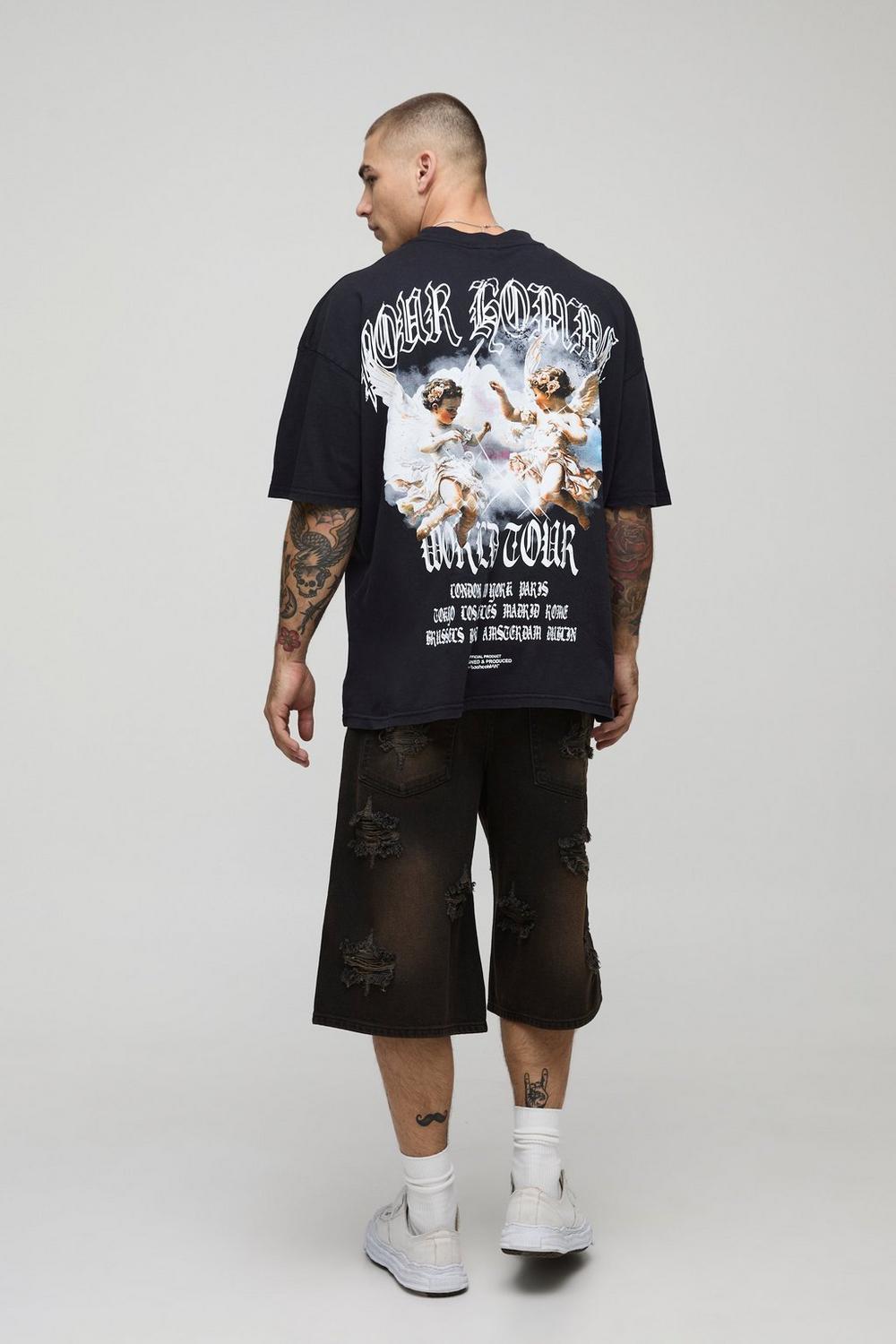 Black Oversized Extended Neck Washed Renaissance Cherub T-Shirt