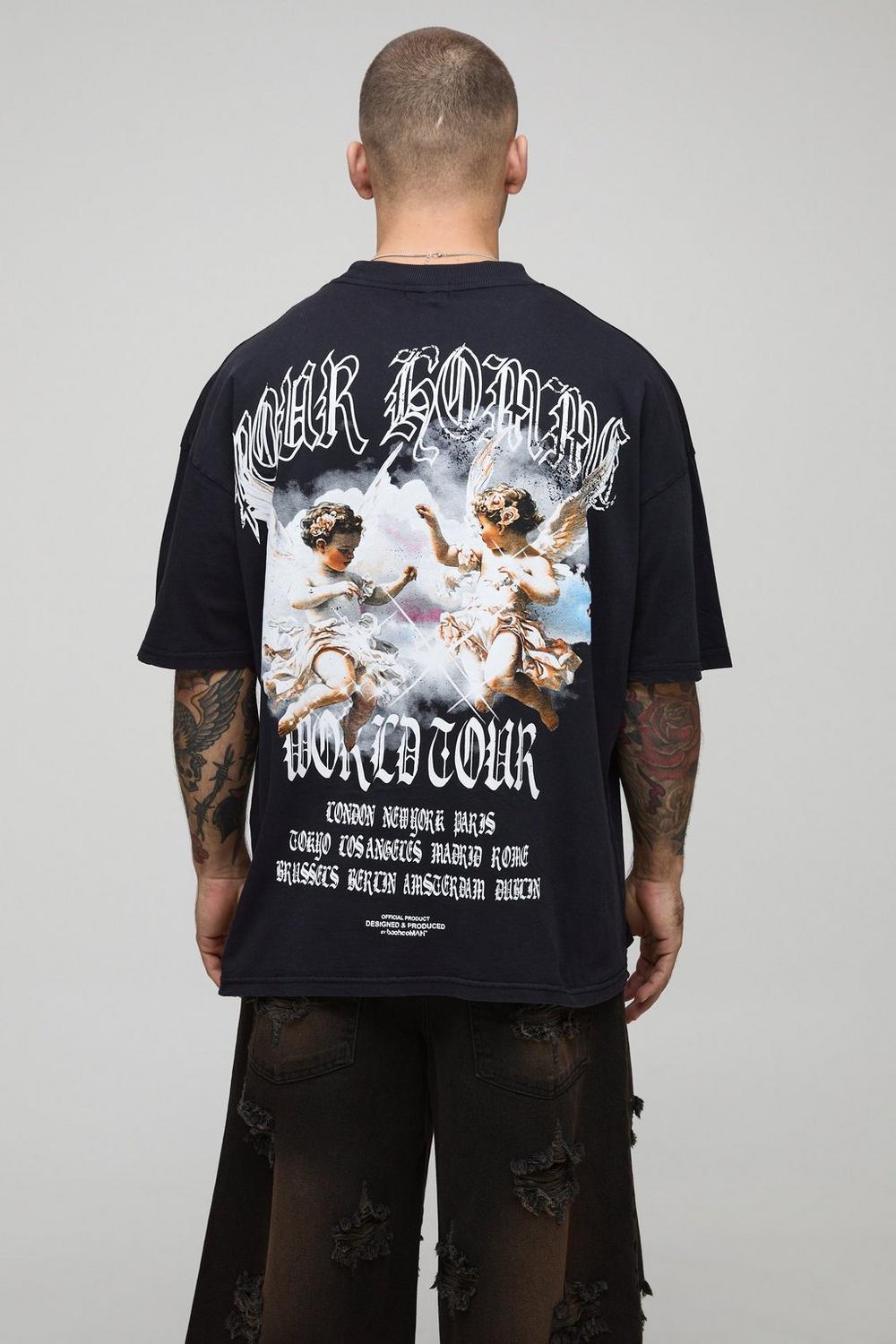 Black Oversized Extended Neck Washed Renaissance Cherub T-Shirt
