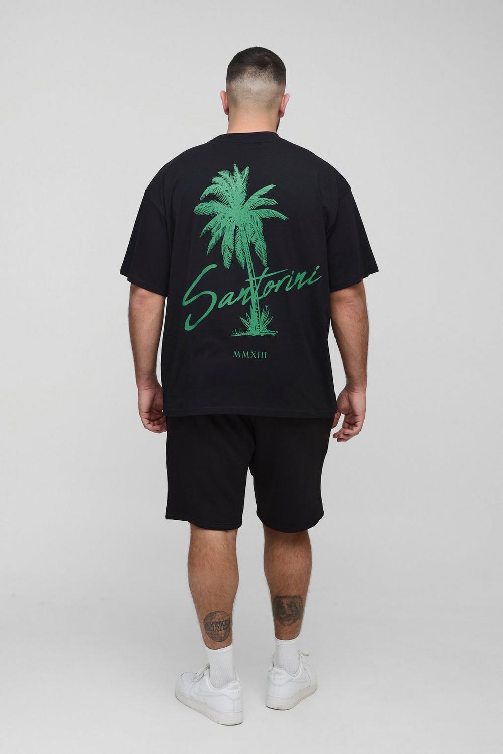 Oversized Extended Neck Santorini Palm Print Landscape T-Shirt