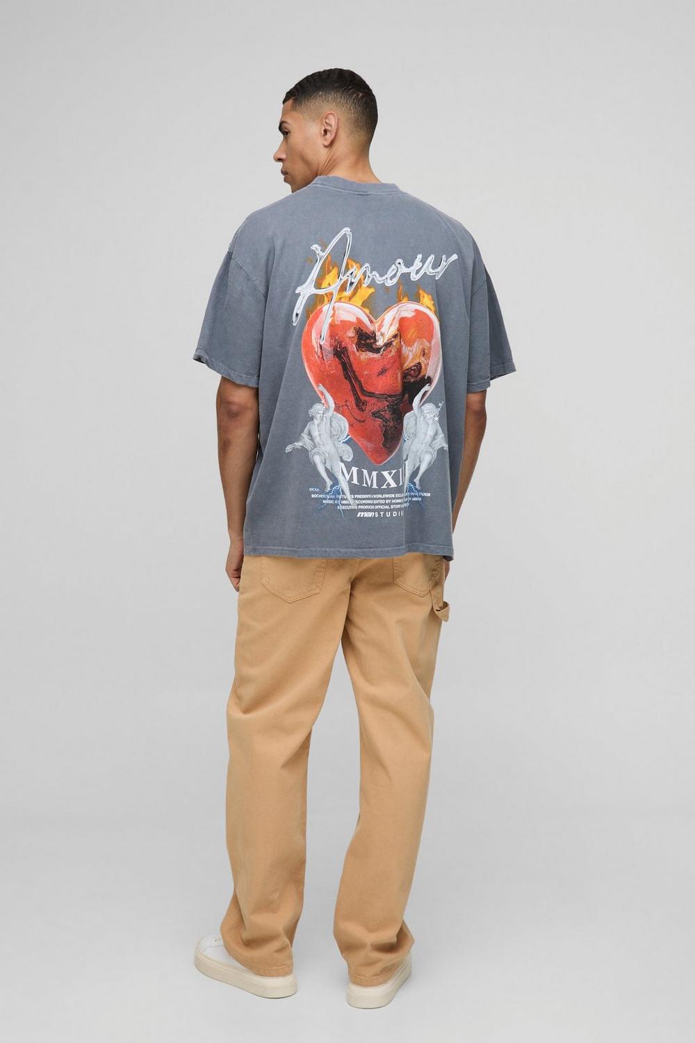 Oversized Extended Neck Amour Heart Washed Graphic T Shirt