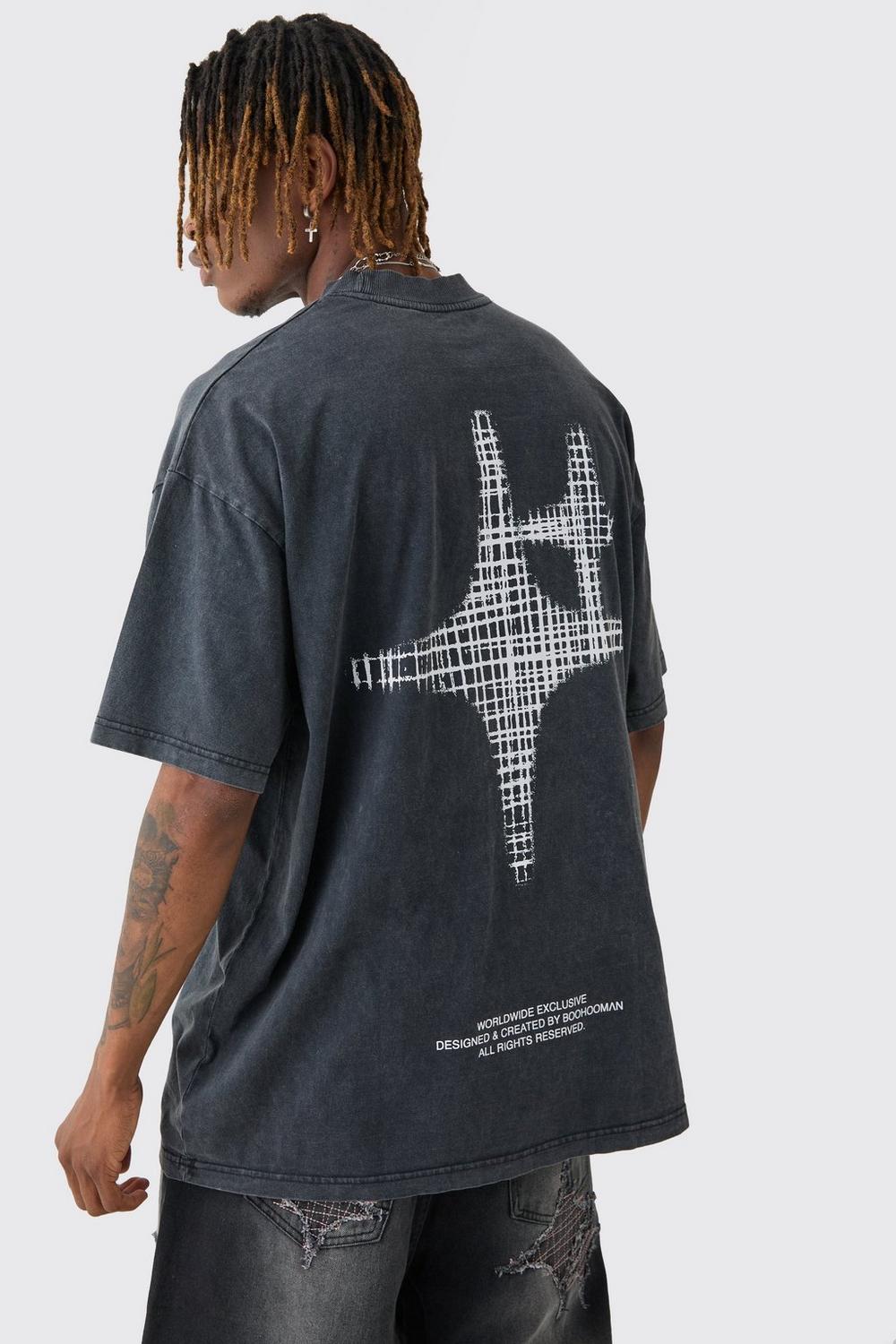 Tall Oversized Extended Neck Acid Wash Print T-shirt