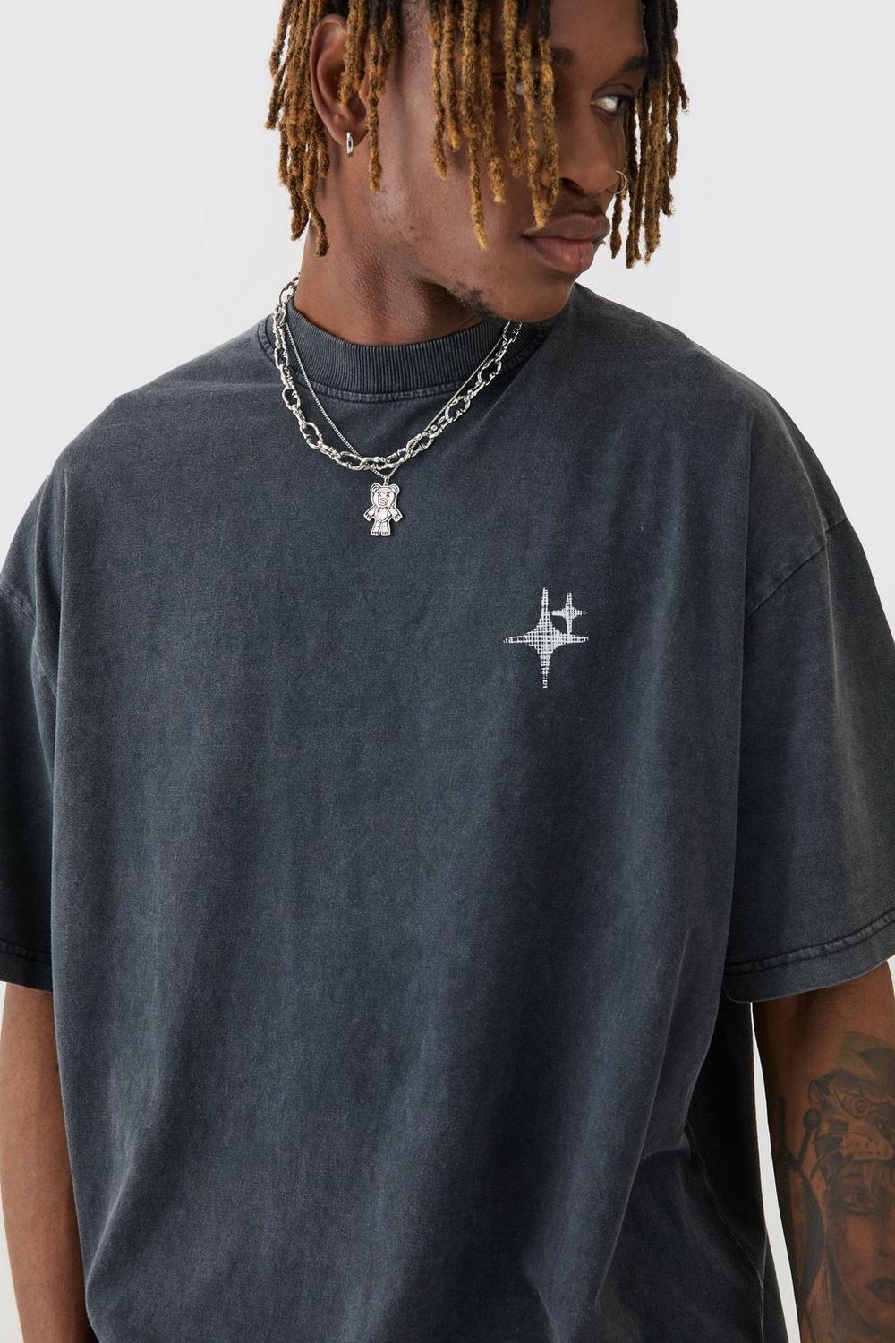 Tall Oversized Extended Neck Acid Wash Print T-shirt