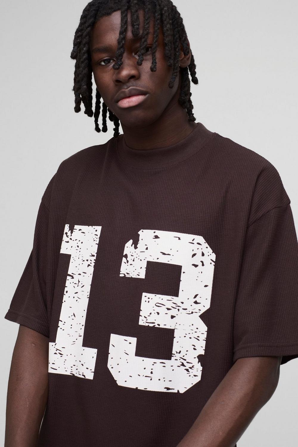 Oversized Boxy Extended Neck 13 Waffle Print T-Shirt