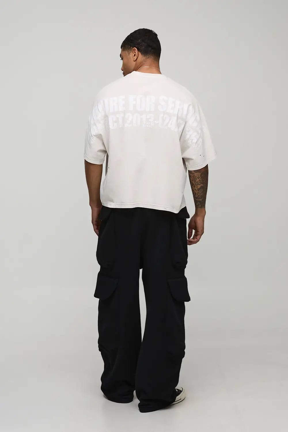Oversized Boxy Batwing Heavyweight Washed Distressed Slogan Pocket T-Shirt