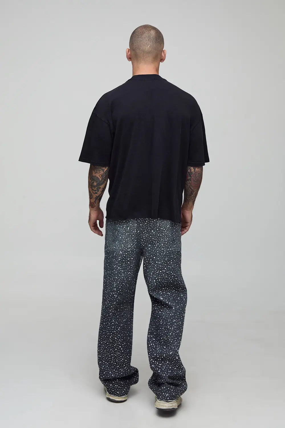 Oversized Boxy Washed Official Man Raw Hem Rhinestone Graphic T-Shirt
