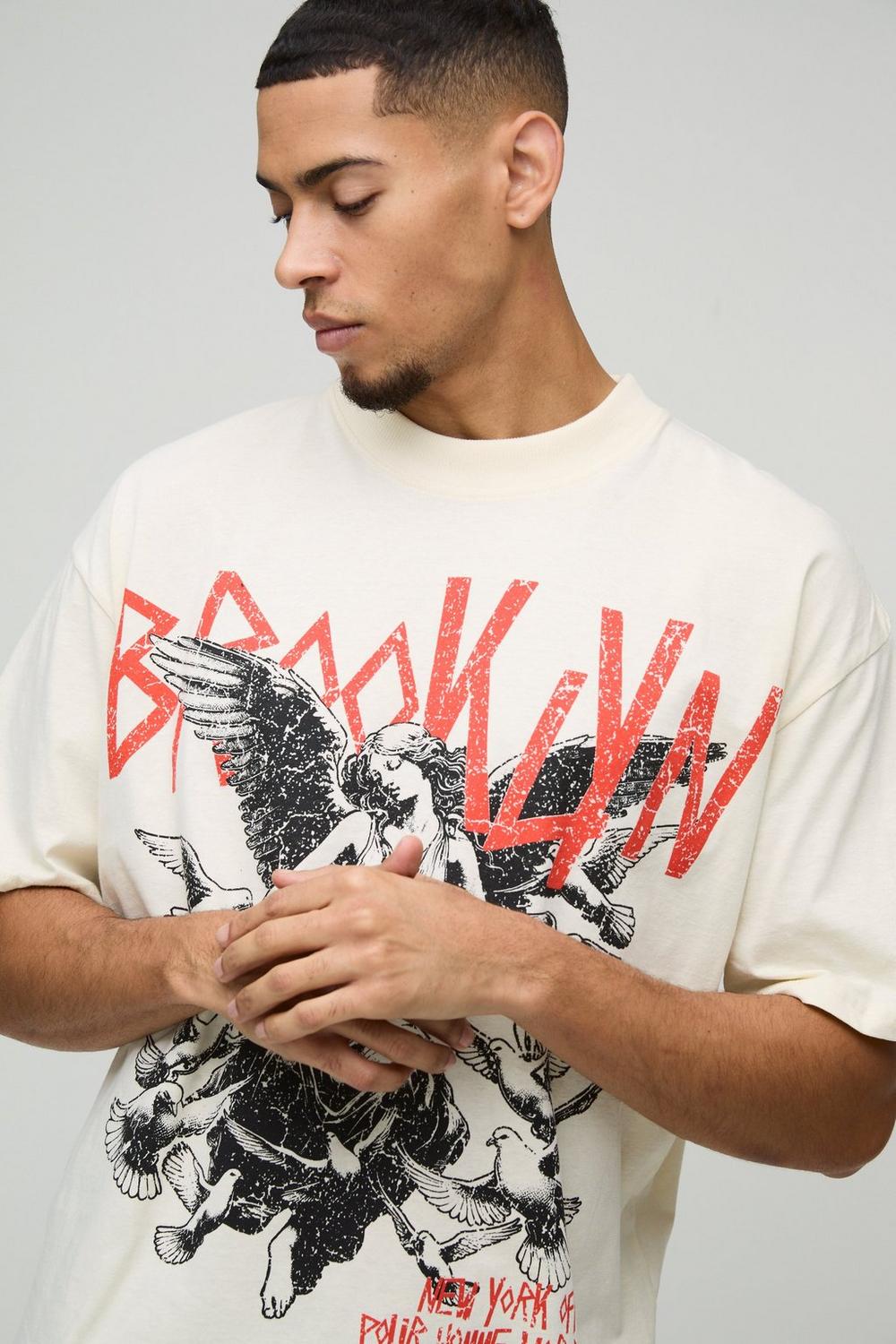 Oversized Extended Neck Gothic Brooklyn Print T-Shirt