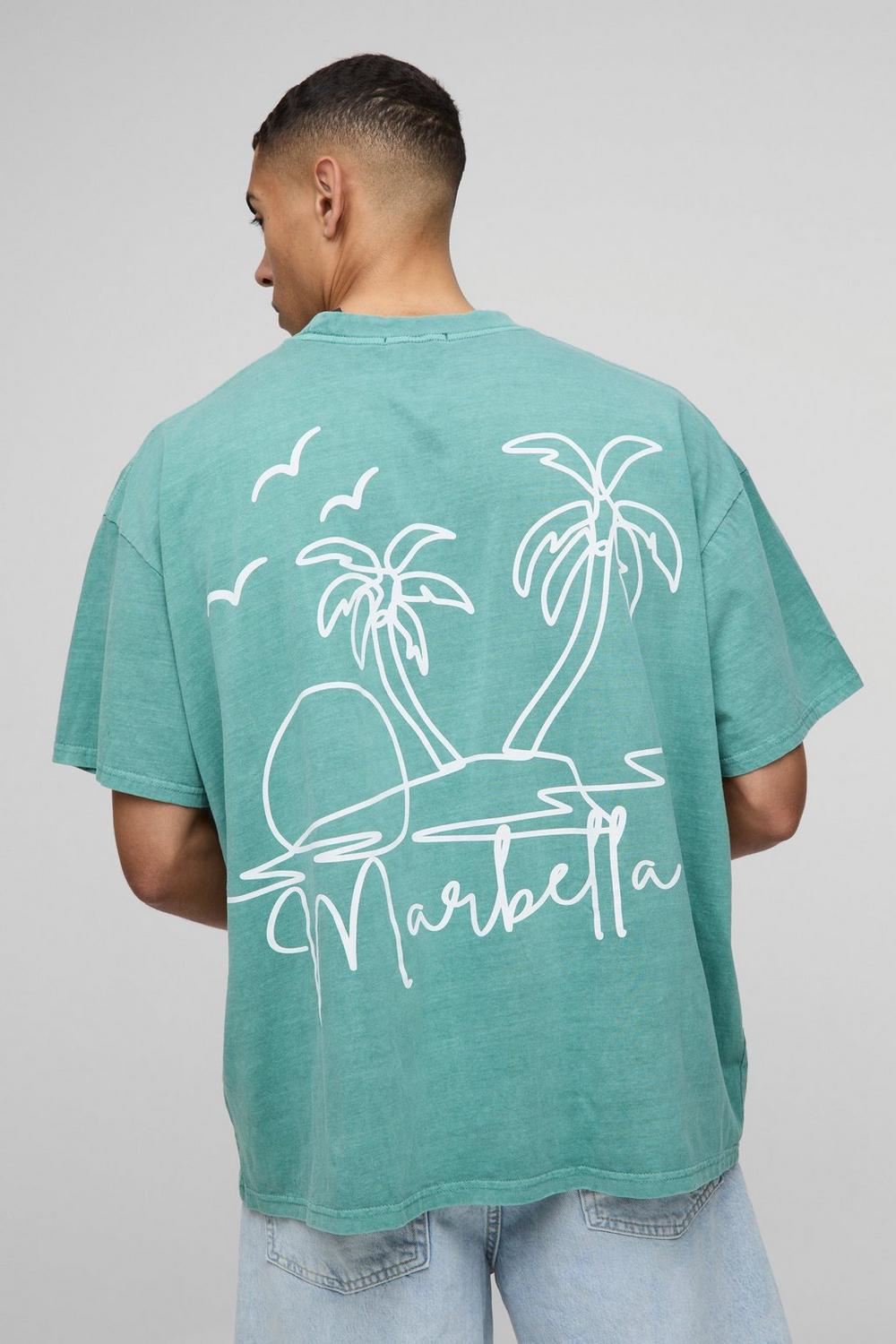 Oversized Extended Neck Line Drawn Marbella Graphic Washed T-Shirt