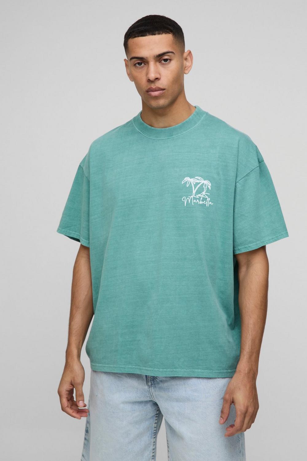 Oversized Extended Neck Line Drawn Marbella Graphic Washed T-Shirt