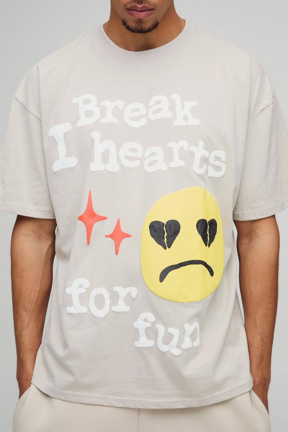 Oversized Break Hearts Slogan Puff Print T-Shirt