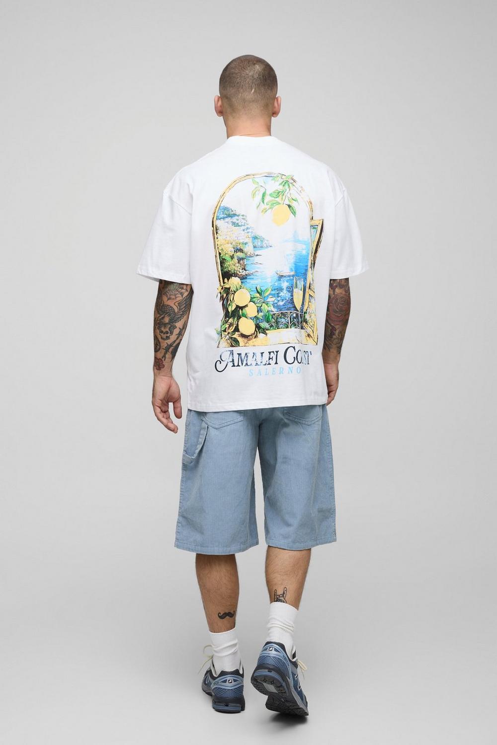White Oversized Extended Neck Amalfi Coast Landscape T-Shirt