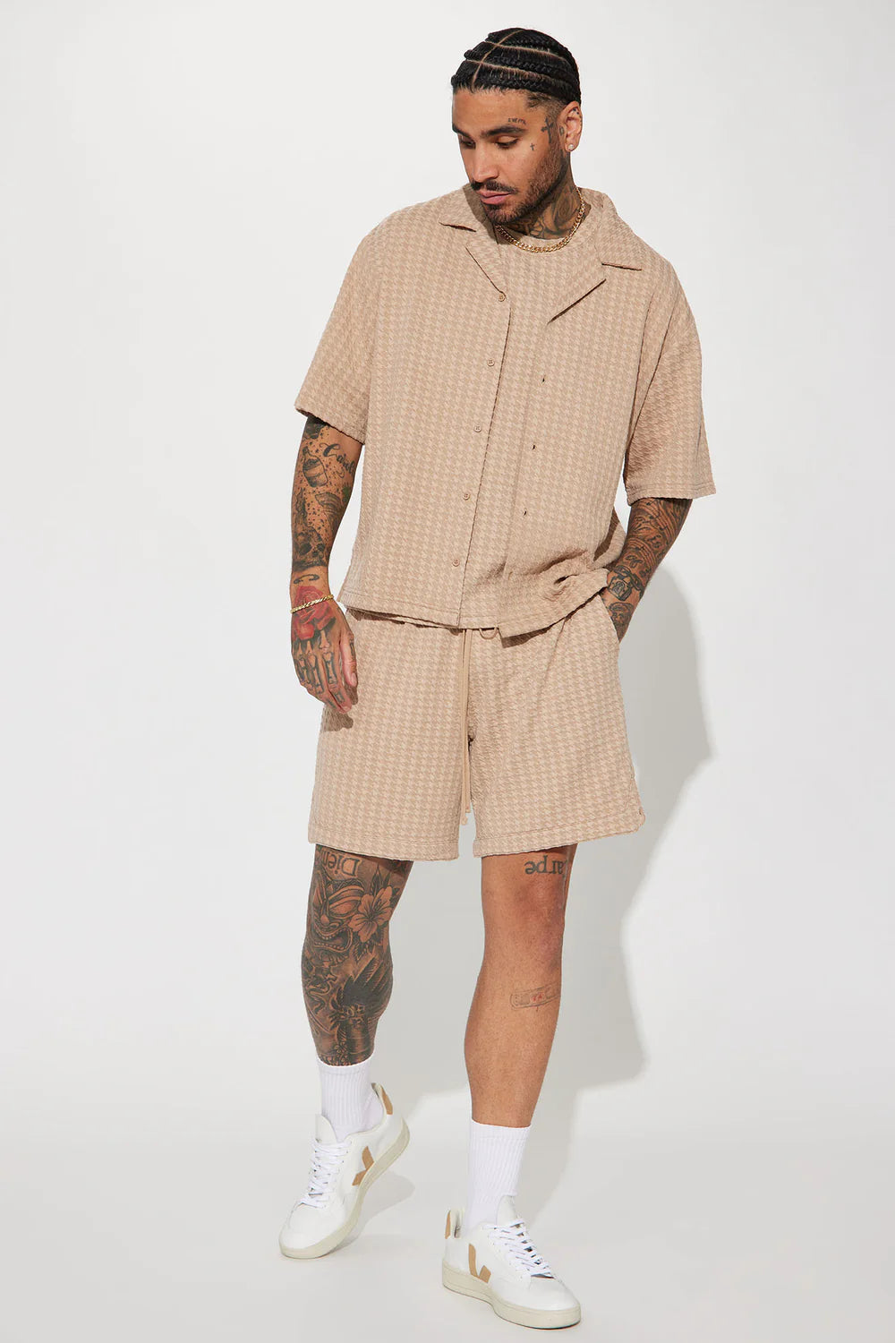 Follow Me Textured Short Sleeve Button Up - Tan