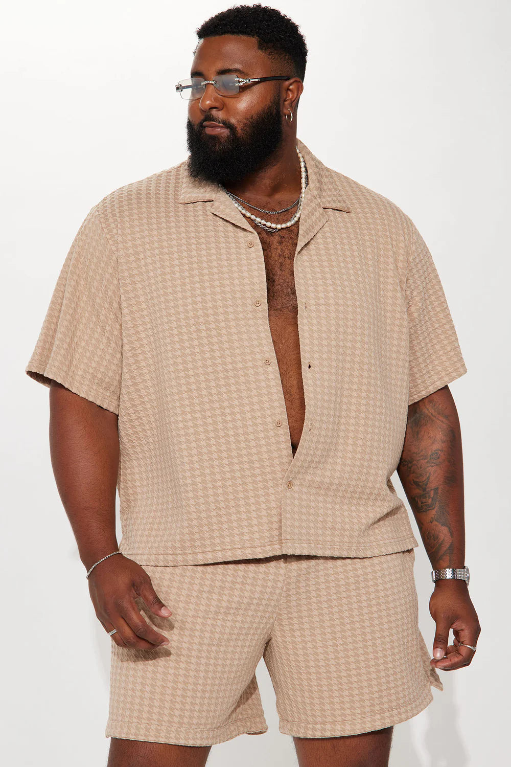 Follow Me Textured Short Sleeve Button Up - Tan