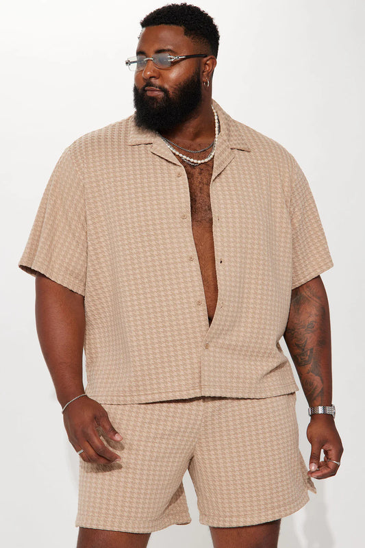 Follow Me Textured Short Sleeve Button Up - Tan