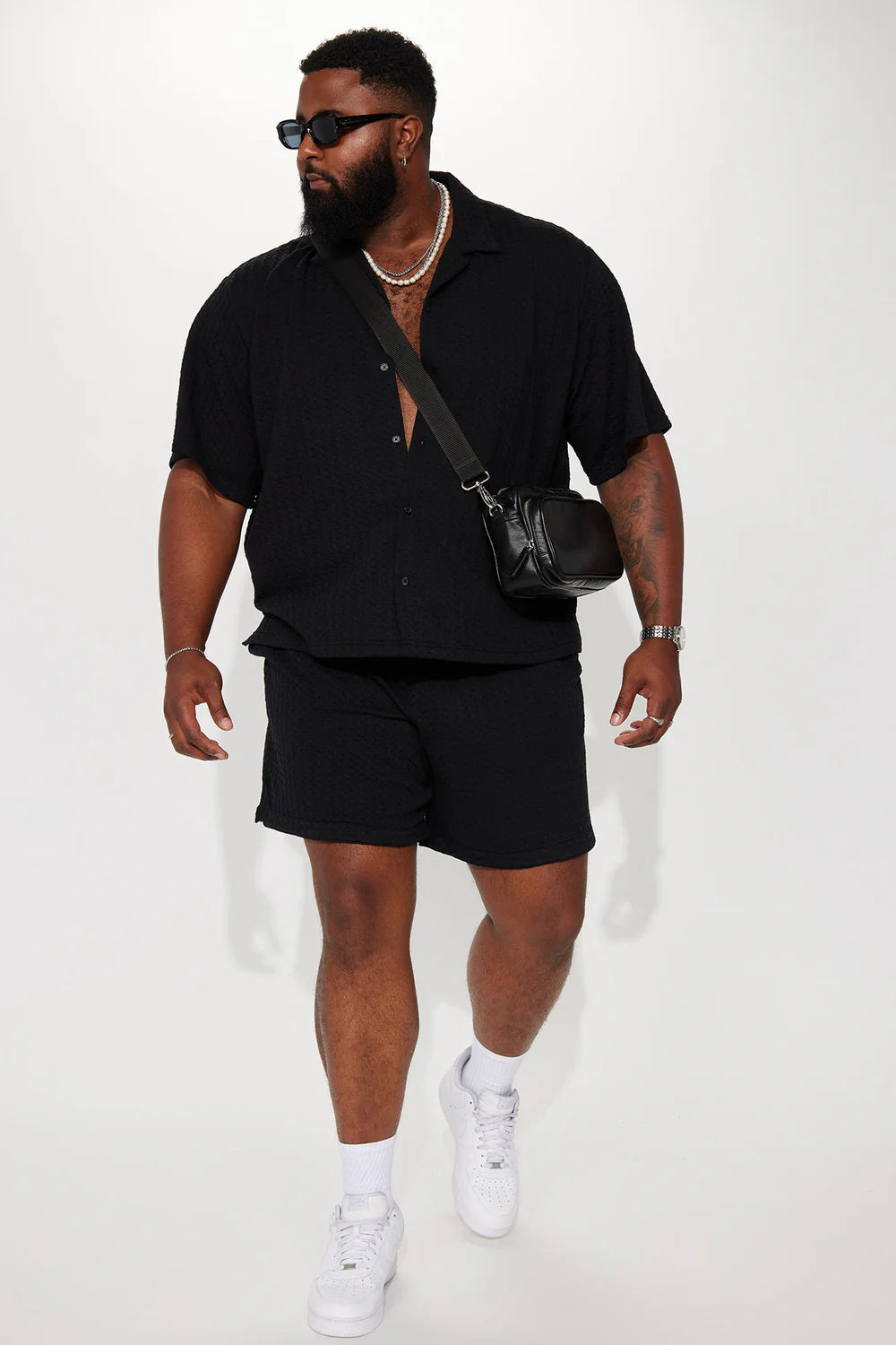 Follow Me Textured Short Sleeve Button Up - Black