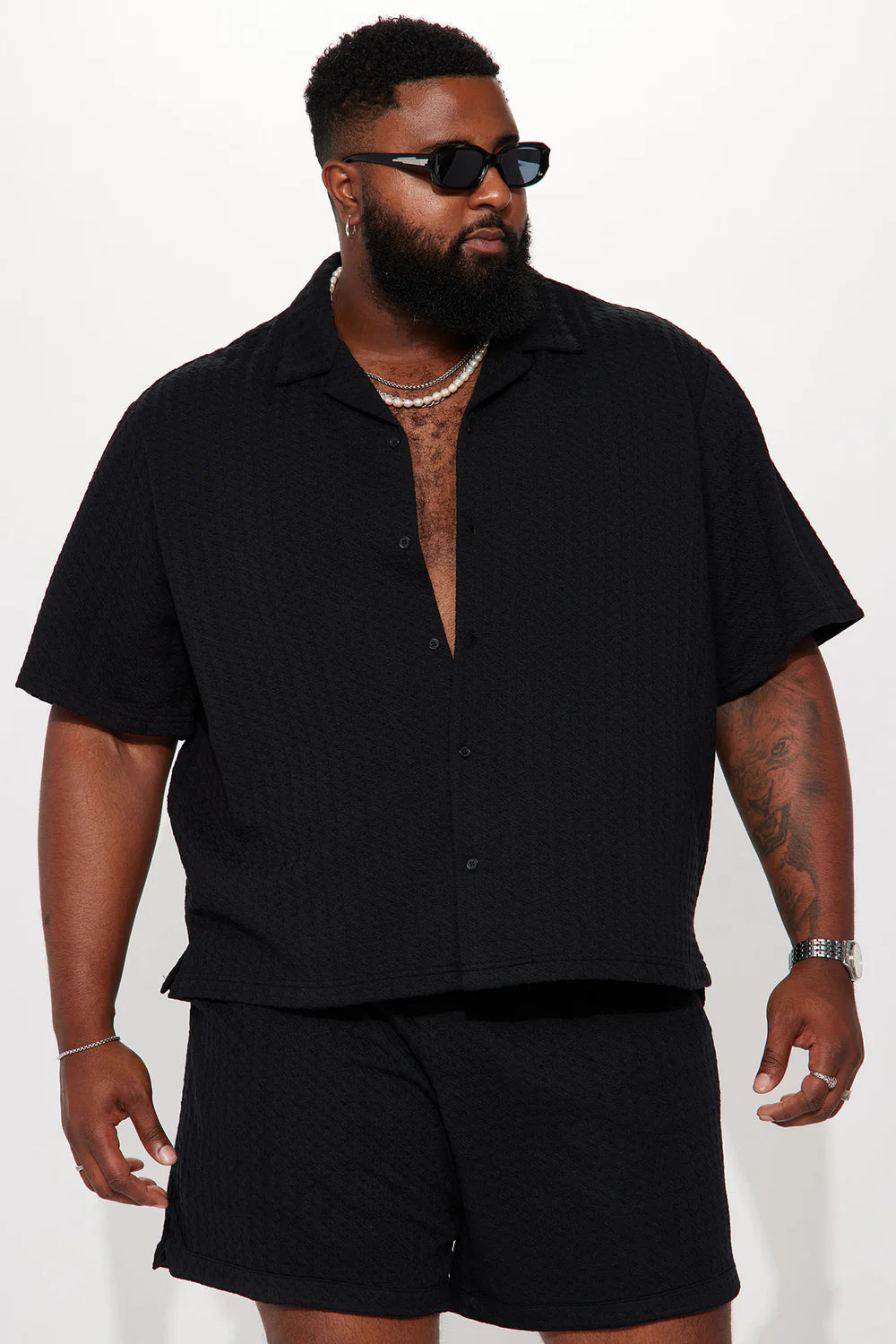 Follow Me Textured Short Sleeve Button Up - Black
