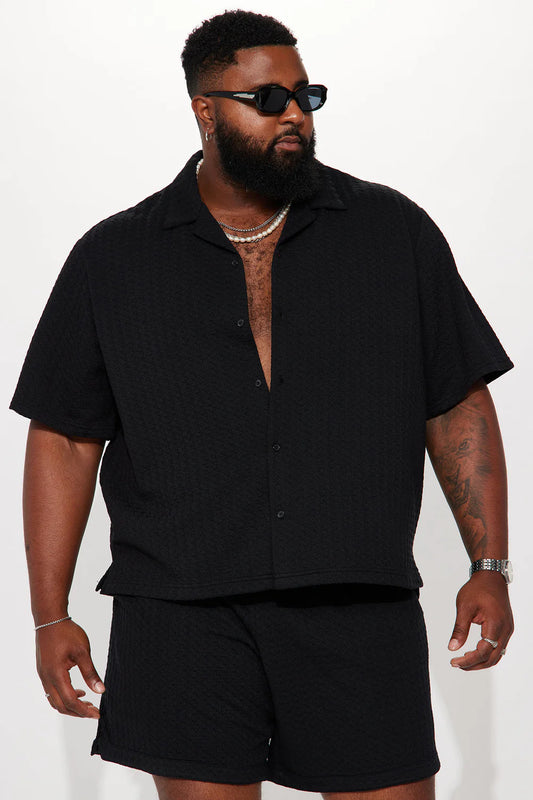 Follow Me Textured Short Sleeve Button Up - Black