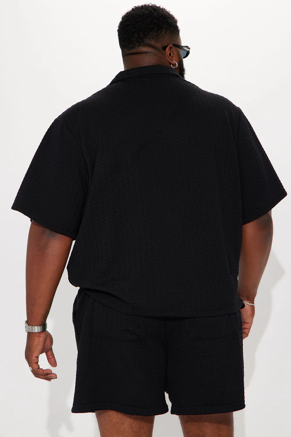 Follow Me Textured Short Sleeve Button Up - Black