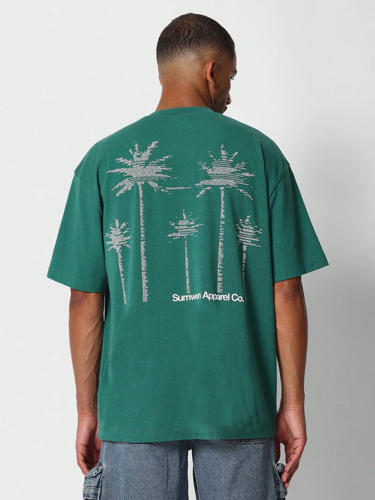 Oversized Tee With Back Palm Tree Graphic Print