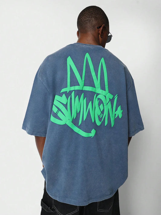 Oversized Washed Tee And Graffiti Graphic Print
