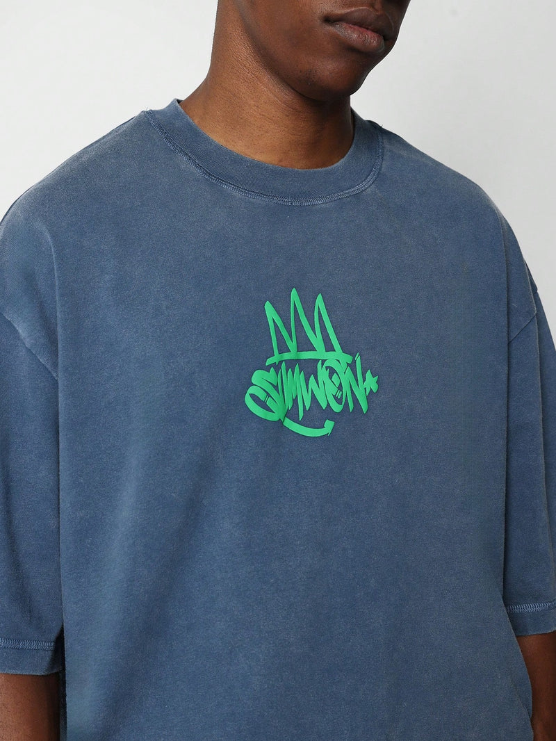 Oversized Washed Tee And Graffiti Graphic Print