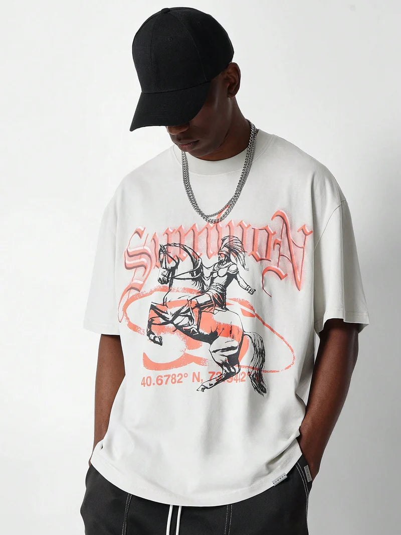 Oversized Tee With Front Gladiator & Horse Graphic Print