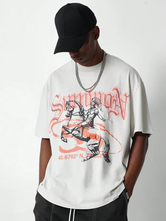 Oversized Tee With Front Gladiator & Horse Graphic Print