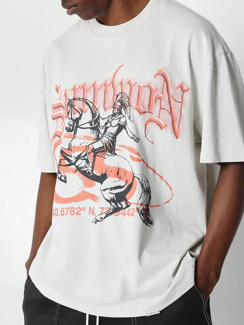 Oversized Tee With Front Gladiator & Horse Graphic Print