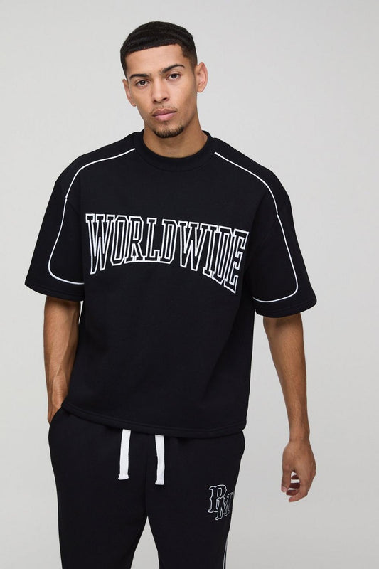 Oversized Boxy Embroidered Varsity Half Sleeve Sweatshirt