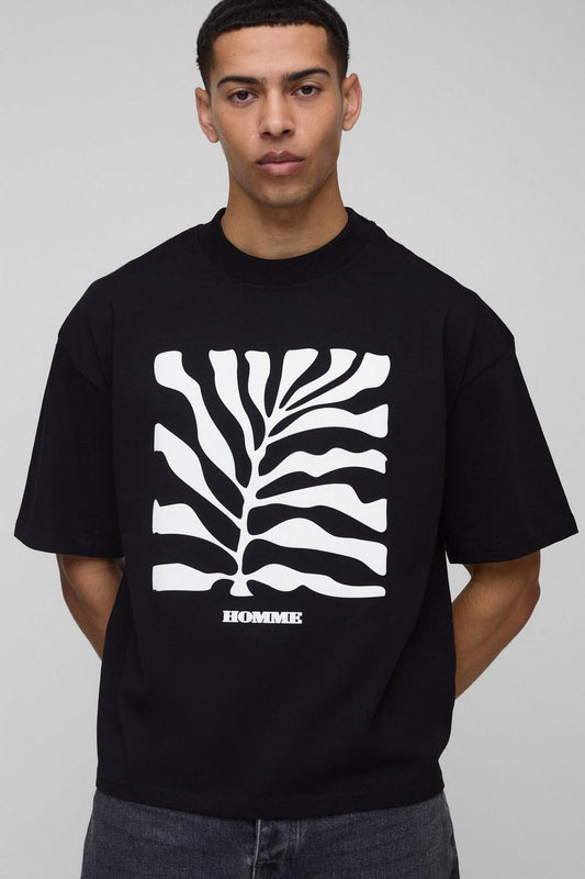 Oversized Boxy Leaf Puff Print T-Shirt