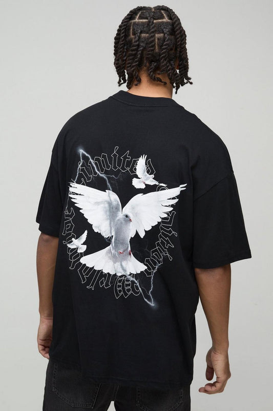 Oversized Extended Neck Dove Graphic T-Shirt