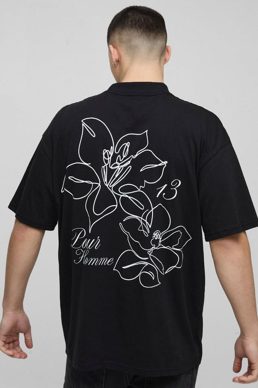 Oversized Extended Neck Line Drawn Floral Print T-Shirt