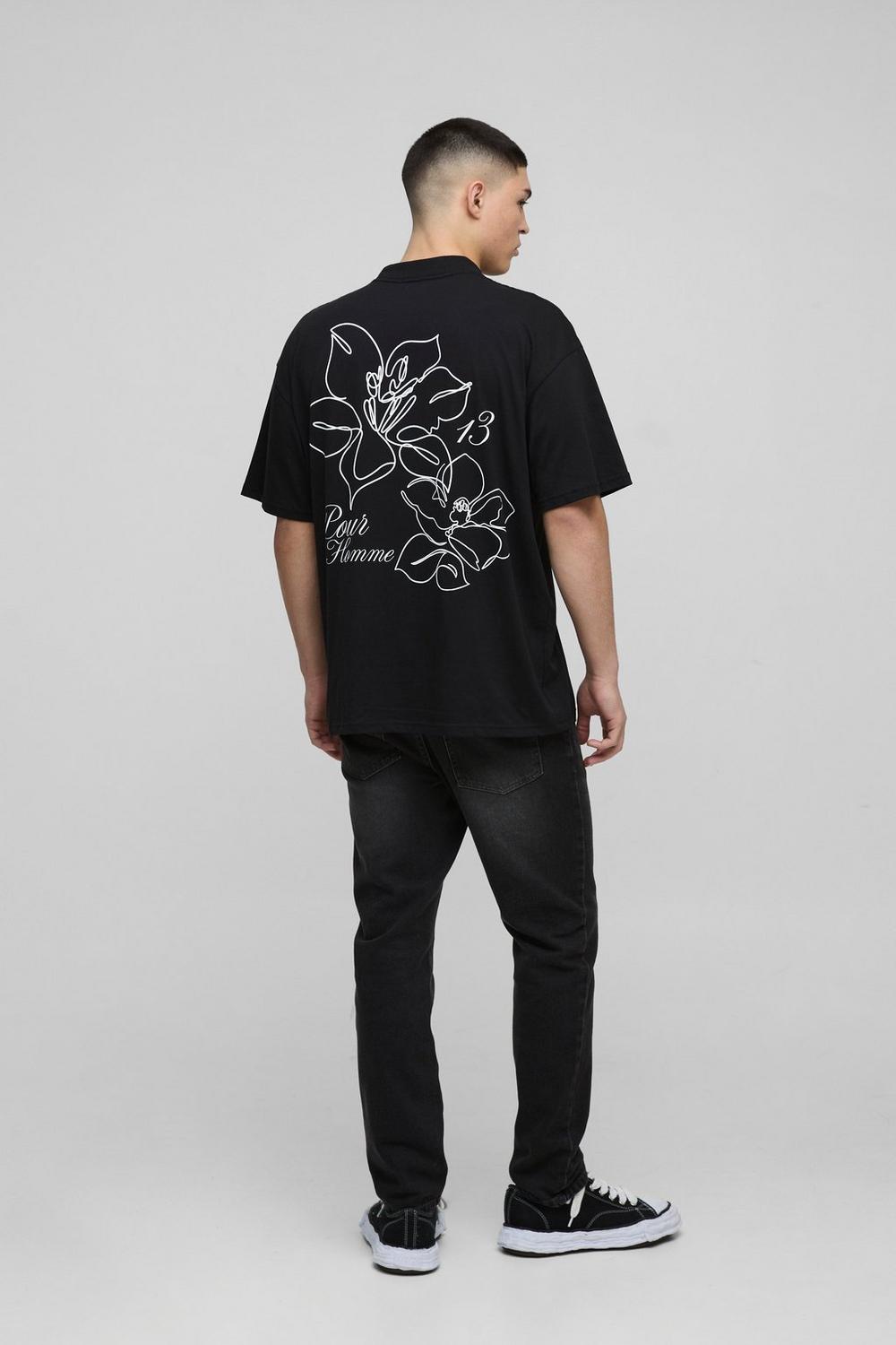 Oversized Extended Neck Line Drawn Floral Print T-Shirt