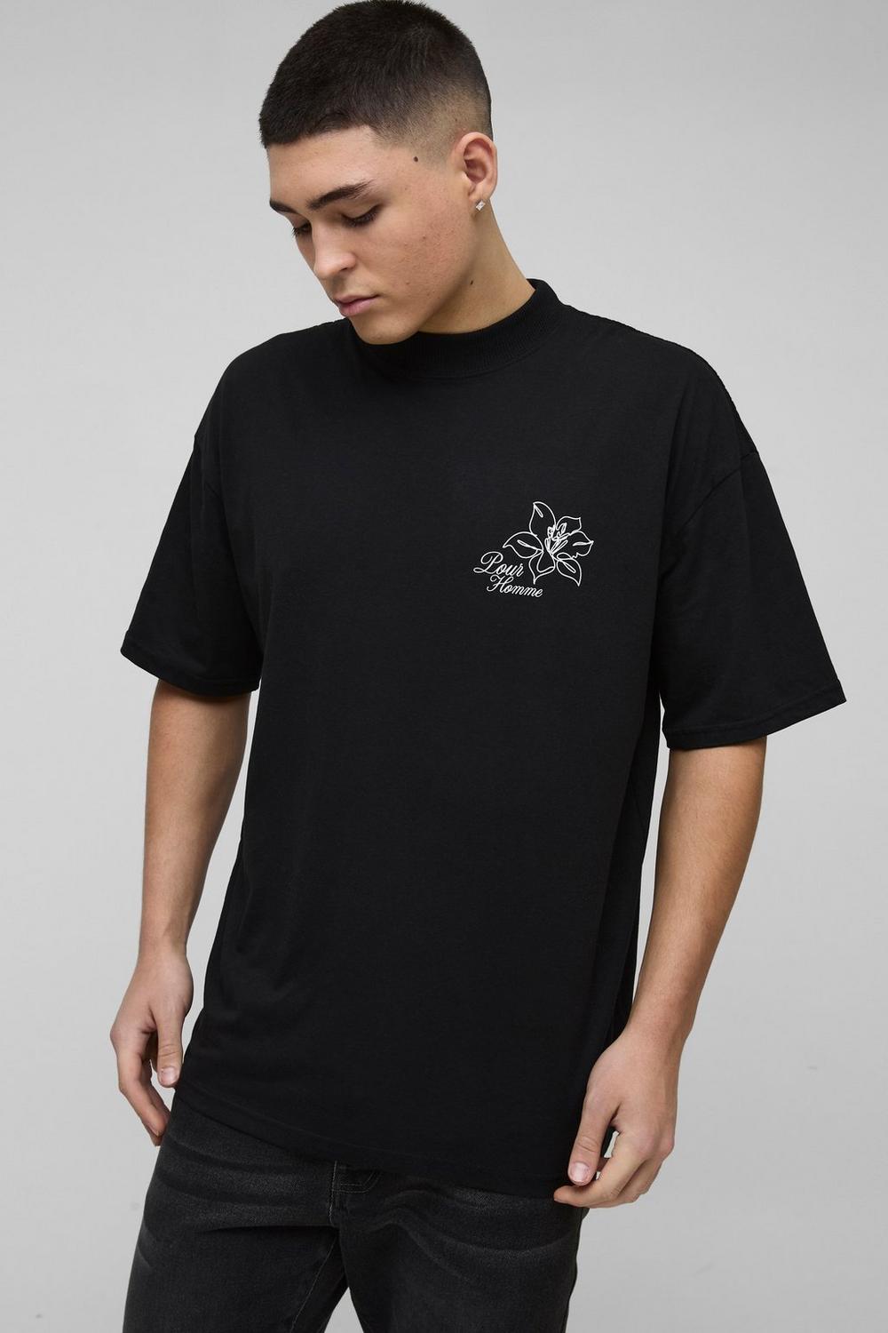 Oversized Extended Neck Line Drawn Floral Print T-Shirt