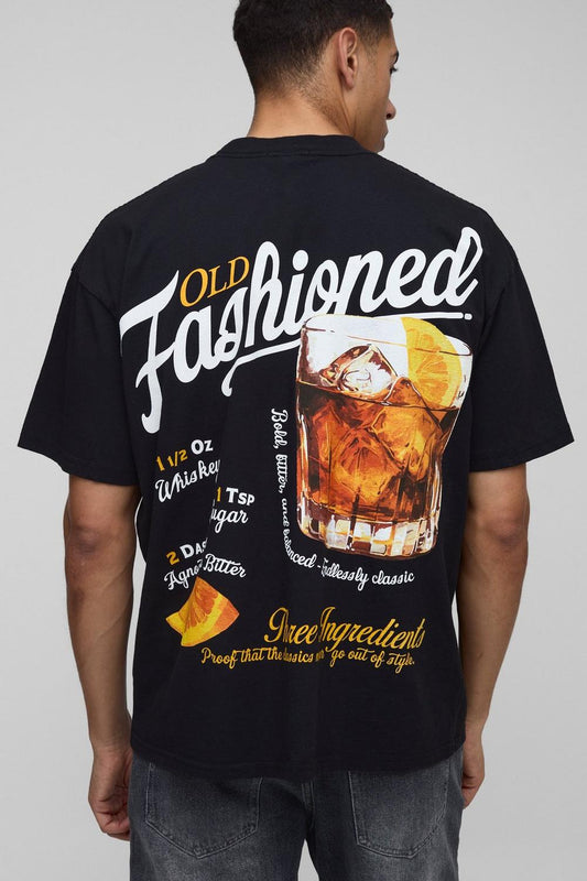 Oversized Extended Neck Old Fashioned Drink Washed T-Shirt