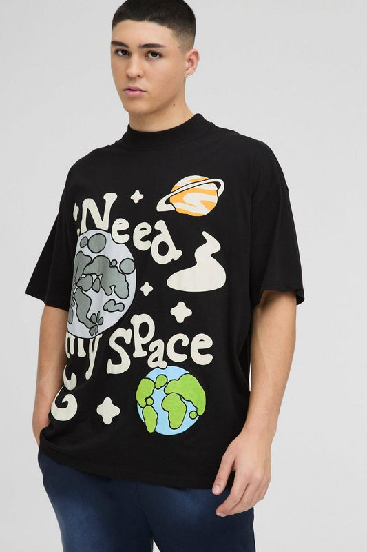 Oversized Extended Neck Puff Print Space Graphic T-shirt
