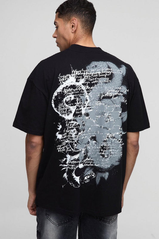 Oversized Extended Neck Renaissance Snake Print T-Shirt