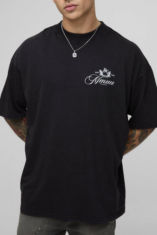Black Oversized Extended Neck Washed BM Crest T-Shirt