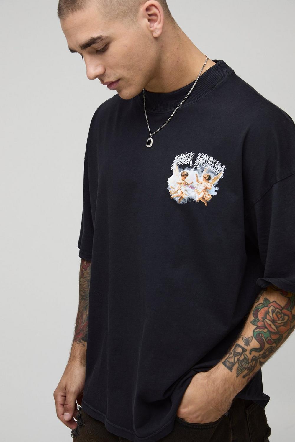 Black Oversized Extended Neck Washed Renaissance Cherub T-Shirt