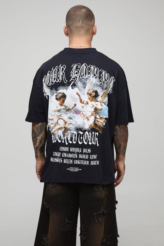 Black Oversized Extended Neck Washed Renaissance Cherub T-Shirt