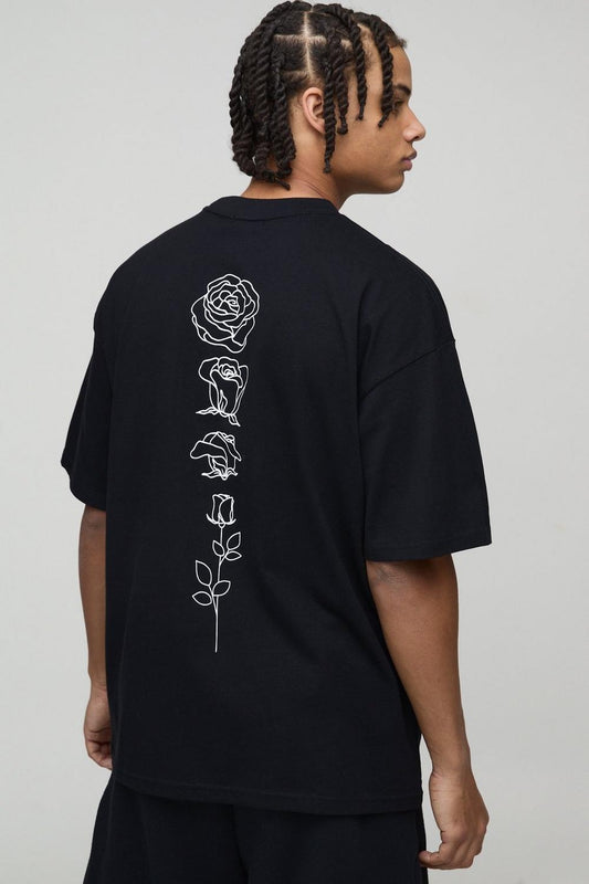 Oversized Heavyweight Extended Neck Line Drawn Floral Graphic T-Shirt