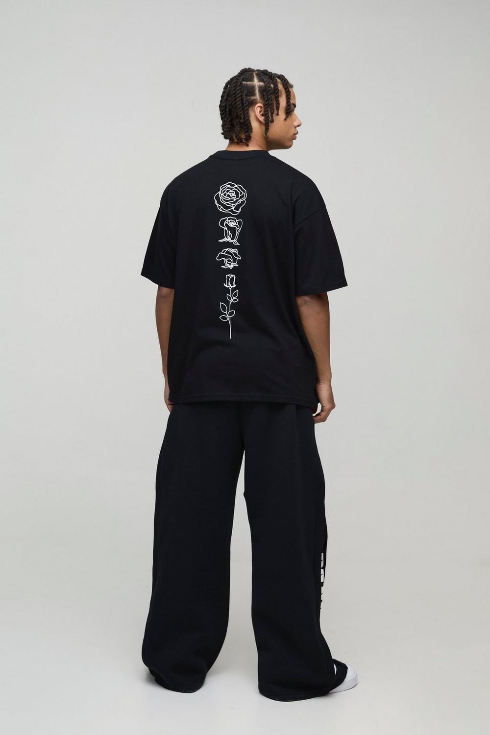 Oversized Heavyweight Extended Neck Line Drawn Floral Graphic T-Shirt