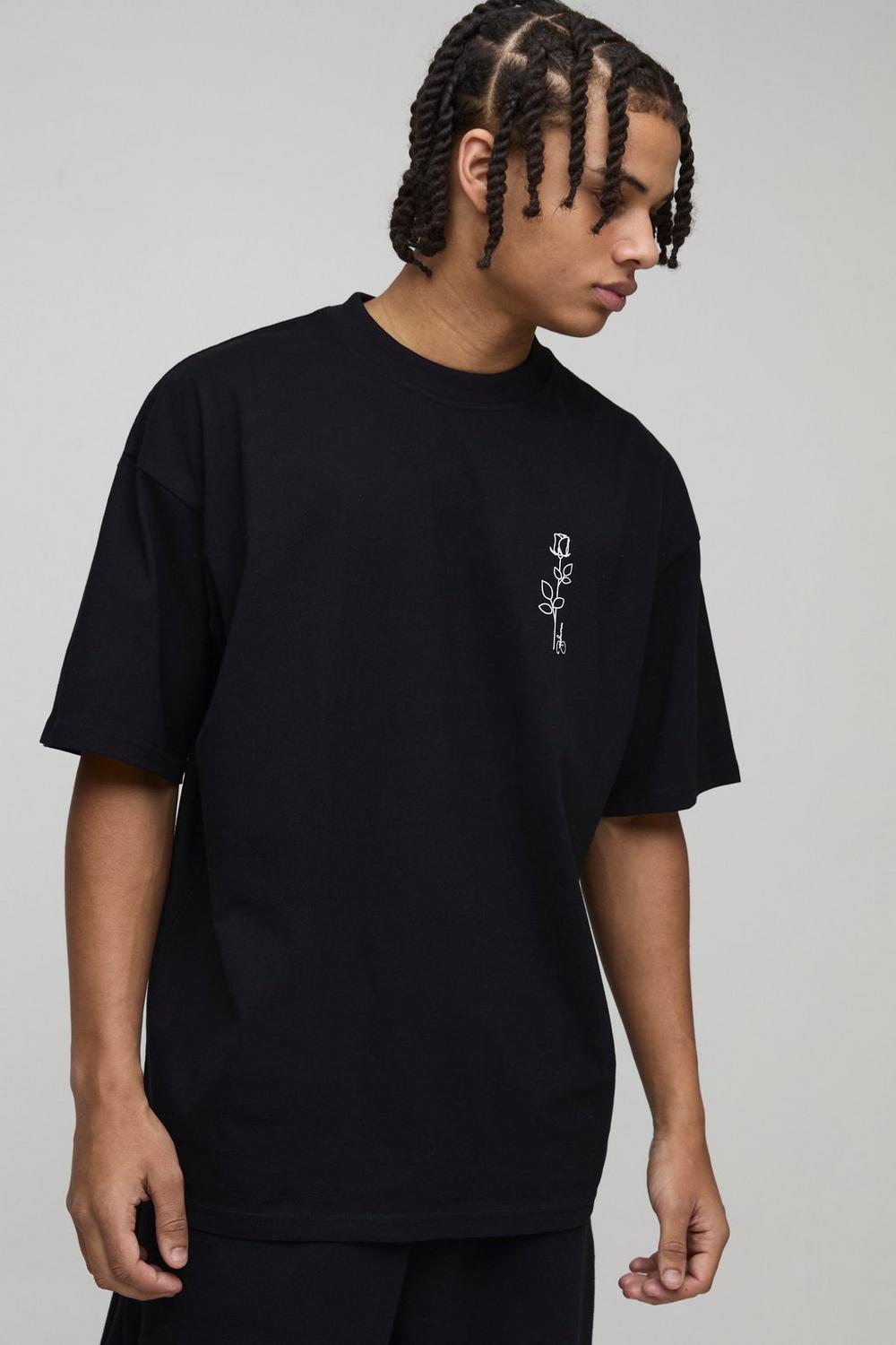 Oversized Heavyweight Extended Neck Line Drawn Floral Graphic T-Shirt