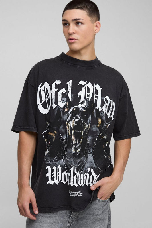 Black Oversized Canine Washed Graphic T-Shirt