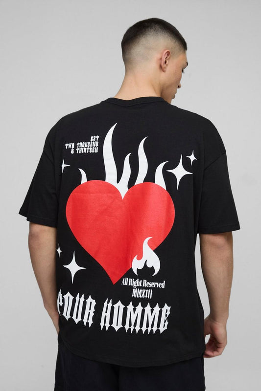 Oversized Pour Homme Flame Heart Graphic T-Shirt